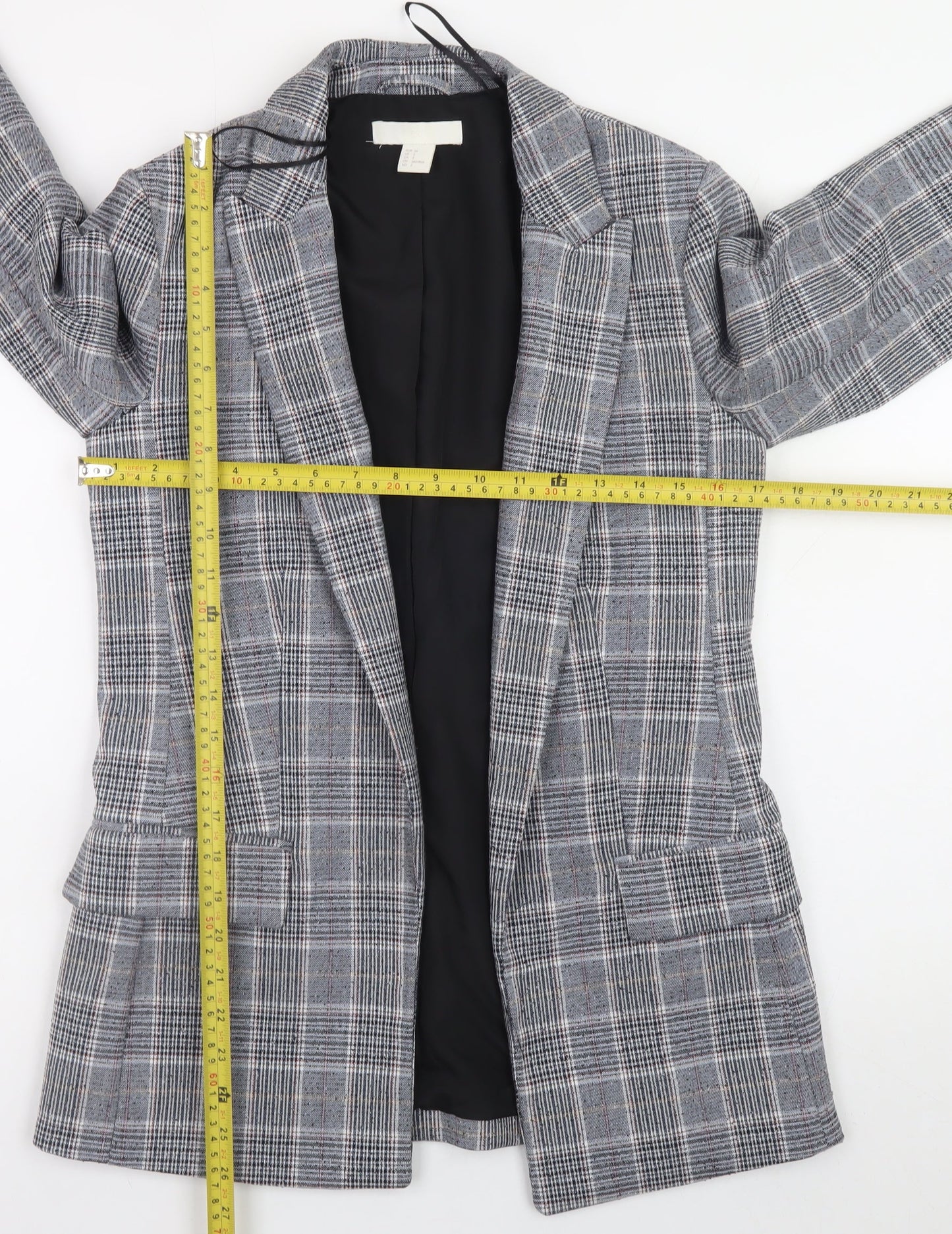 H&M Womens Grey Check Blazer Jacket Size 6 Plaid Single Breasted