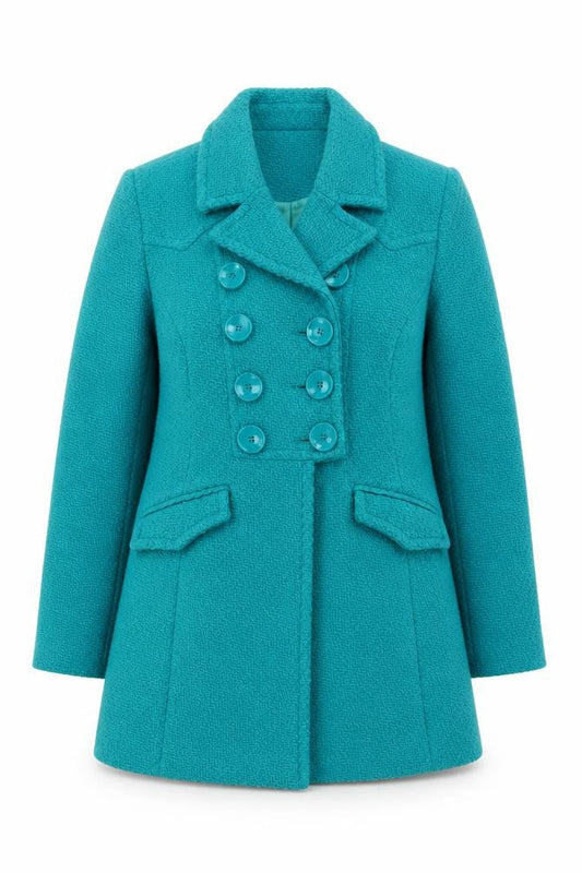 Front view of Red Herring women’s teal wool blend double breasted coat, size UK 16