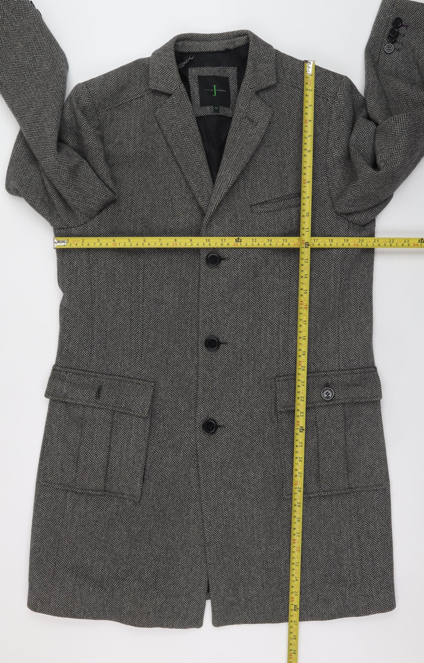Jasper Conran Men's Grey Herringbone Wool Blend Overcoat M