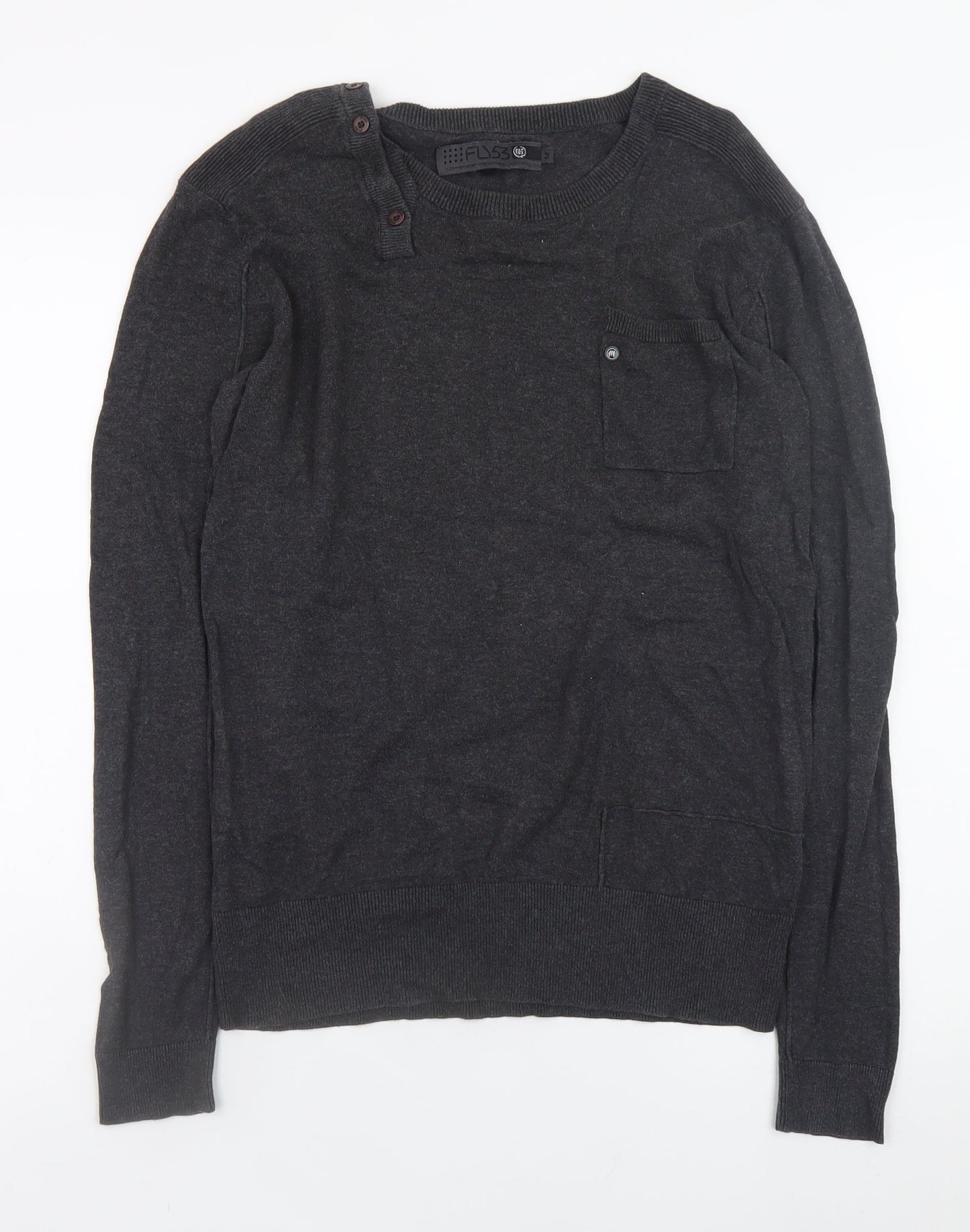 Fly53 Men Black Cotton Crew Neck Button Pullover Jumper M
