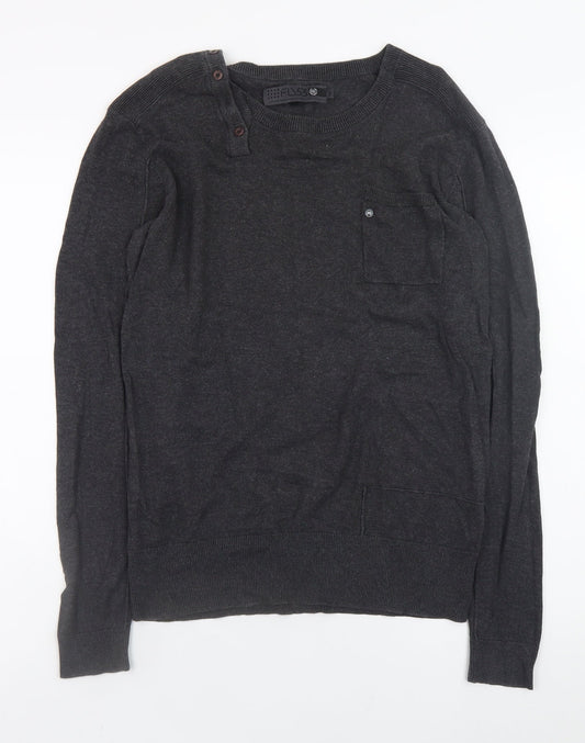 Fly53 Men Black Cotton Crew Neck Button Pullover Jumper M