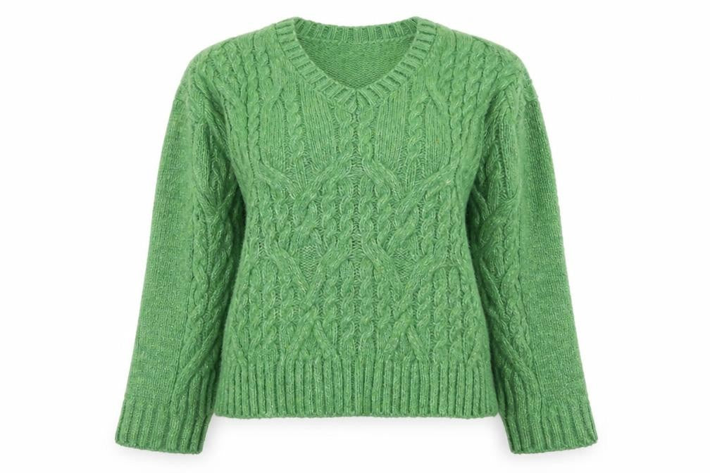 Marks & Spencer Women's Green Cable-Knit V-Neck Jumper Size M