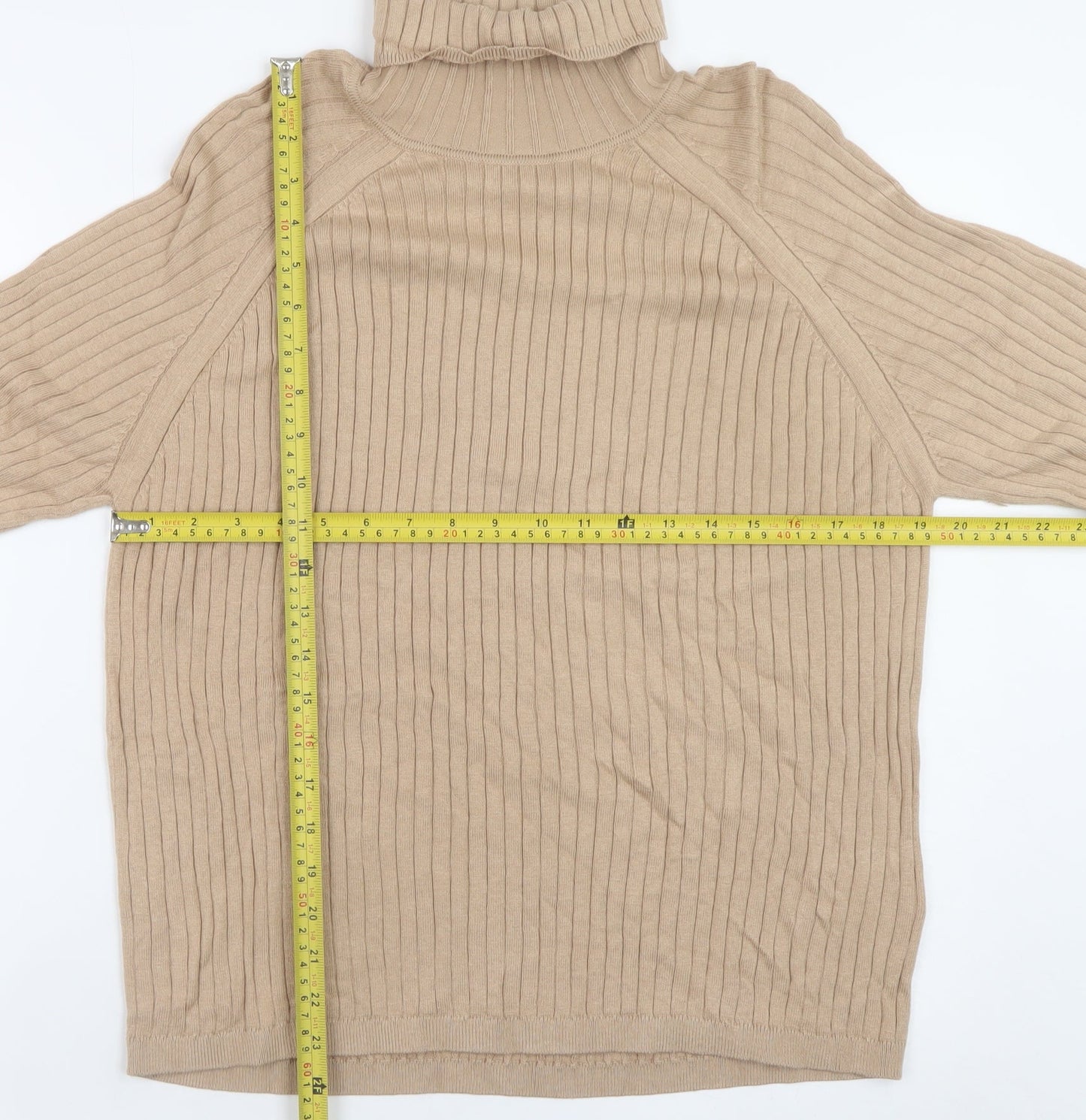Next Women Beige Ribbed Roll Neck Jumper Large Viscose Cotton Blend