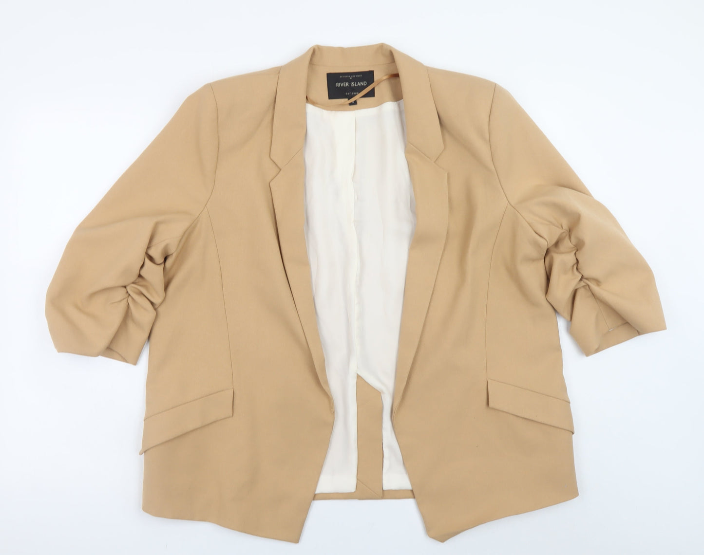 River Island Women Beige Blazer Size 16 Classic Mid-Length Jacket