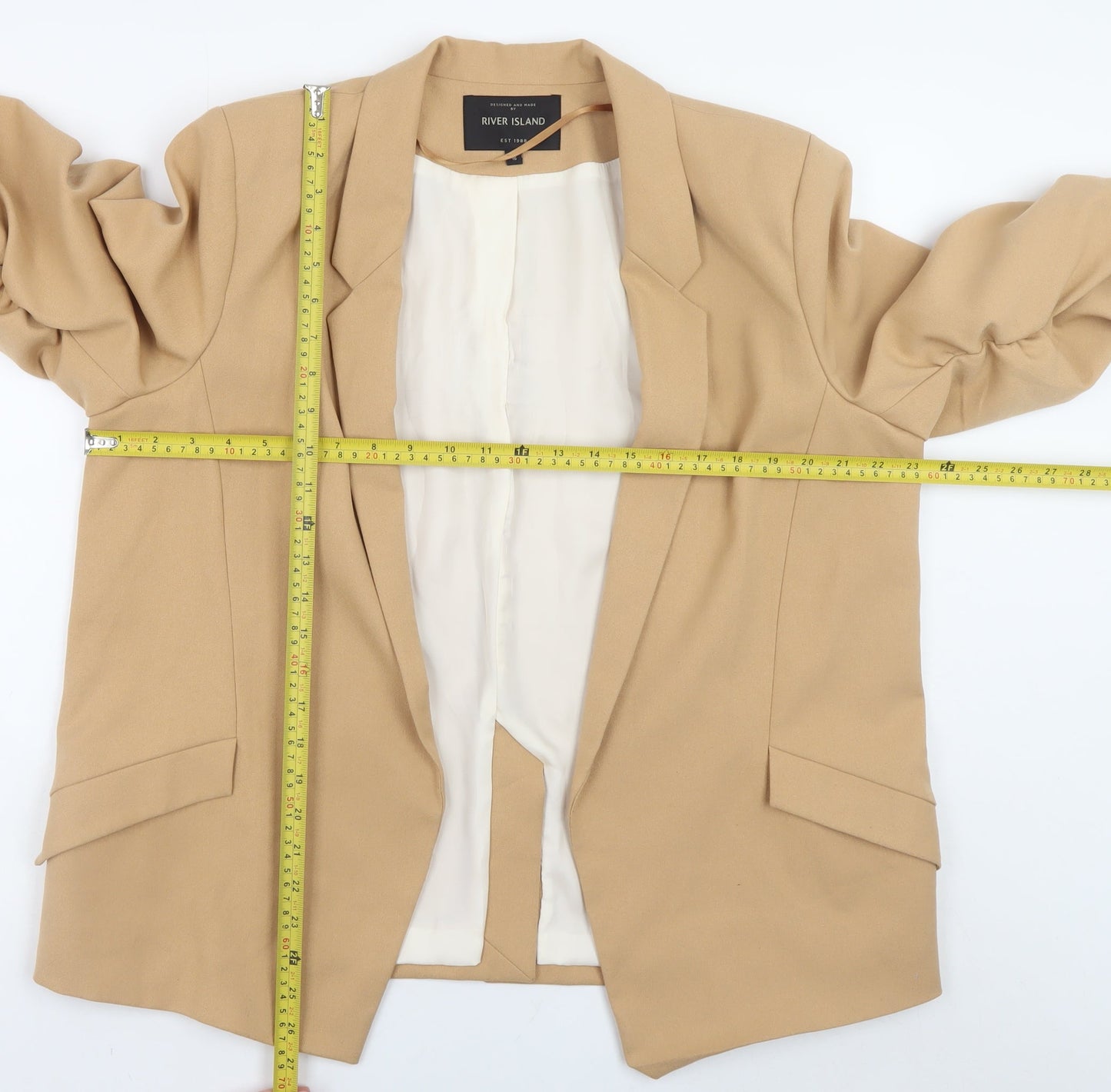 River Island Women Beige Blazer Size 16 Classic Mid-Length Jacket