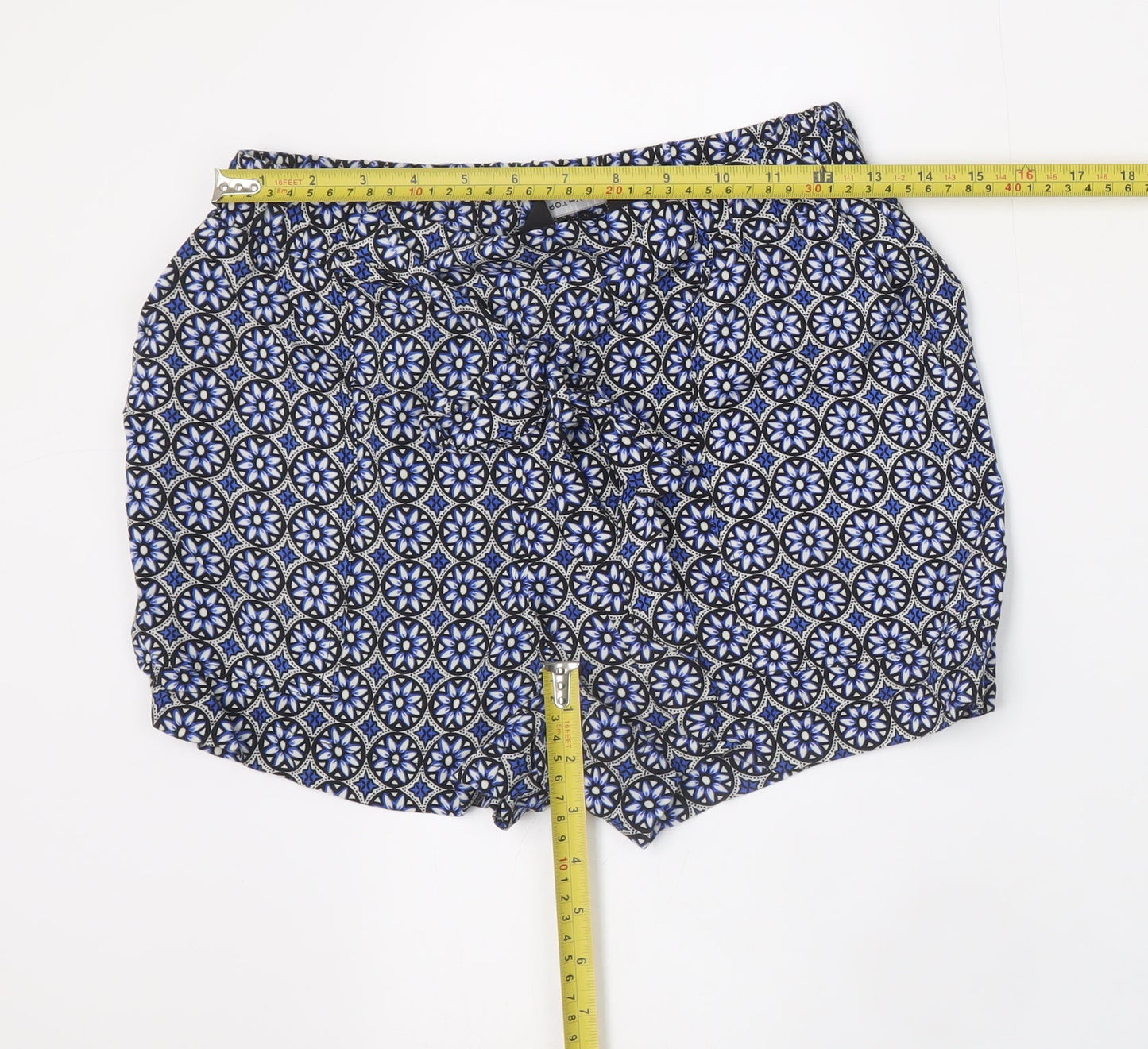 Dorothy Perkins Women Blue Geometric Viscose Paperbag Shorts Size 6