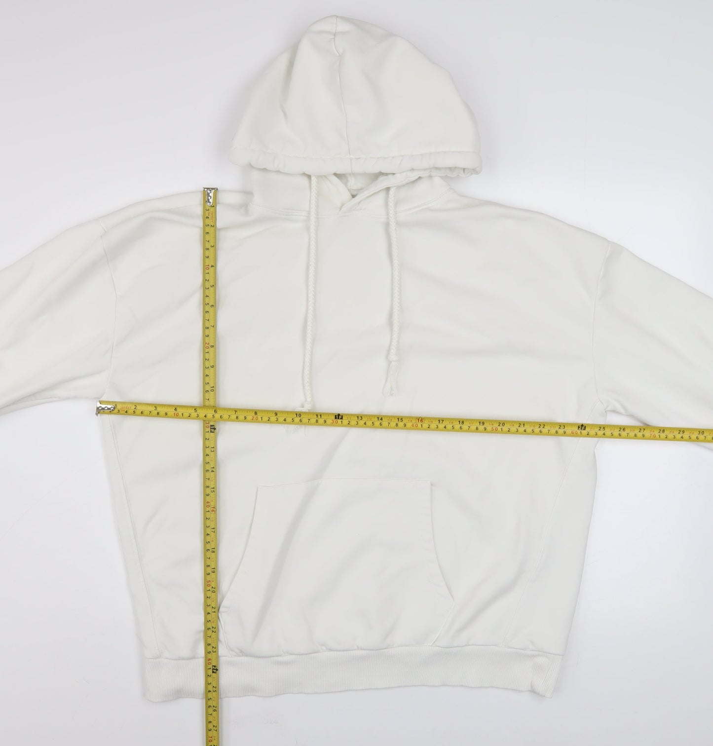 Pull & Bear Women White Cotton Pullover Hoodie Size L Casual