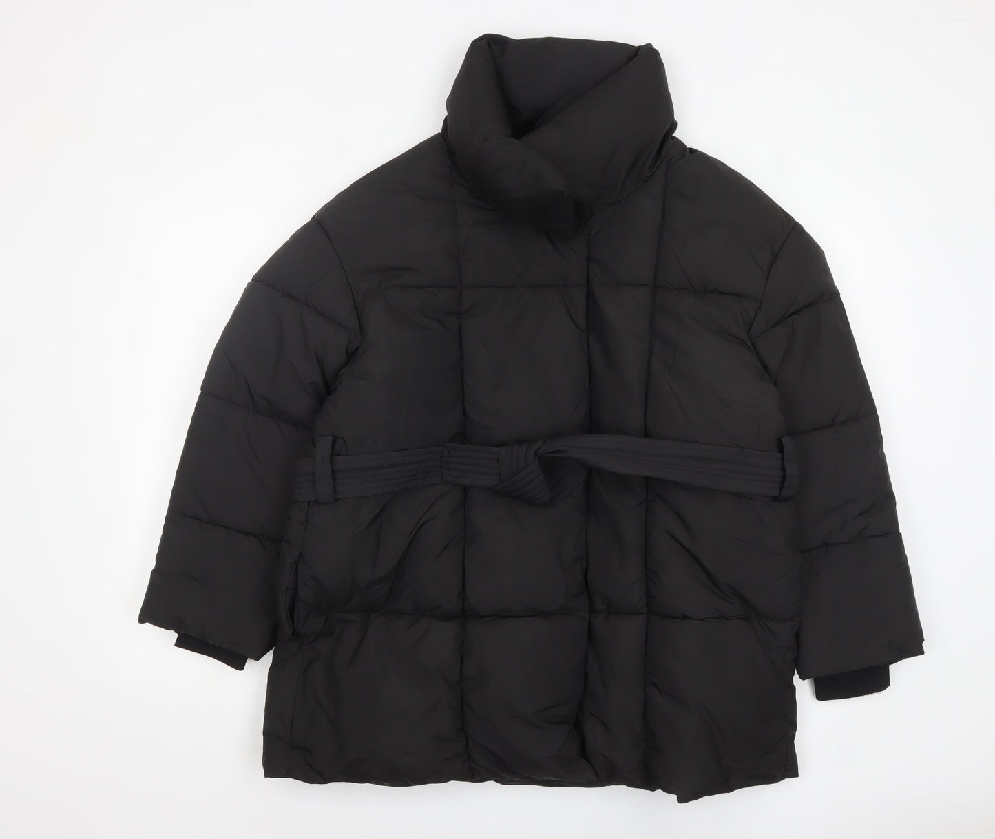 PUFFIT Women's Black Mid-Length Puffer Coat L Belted Water Resistant