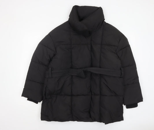 PUFFIT Women's Black Mid-Length Puffer Coat L Belted Water Resistant