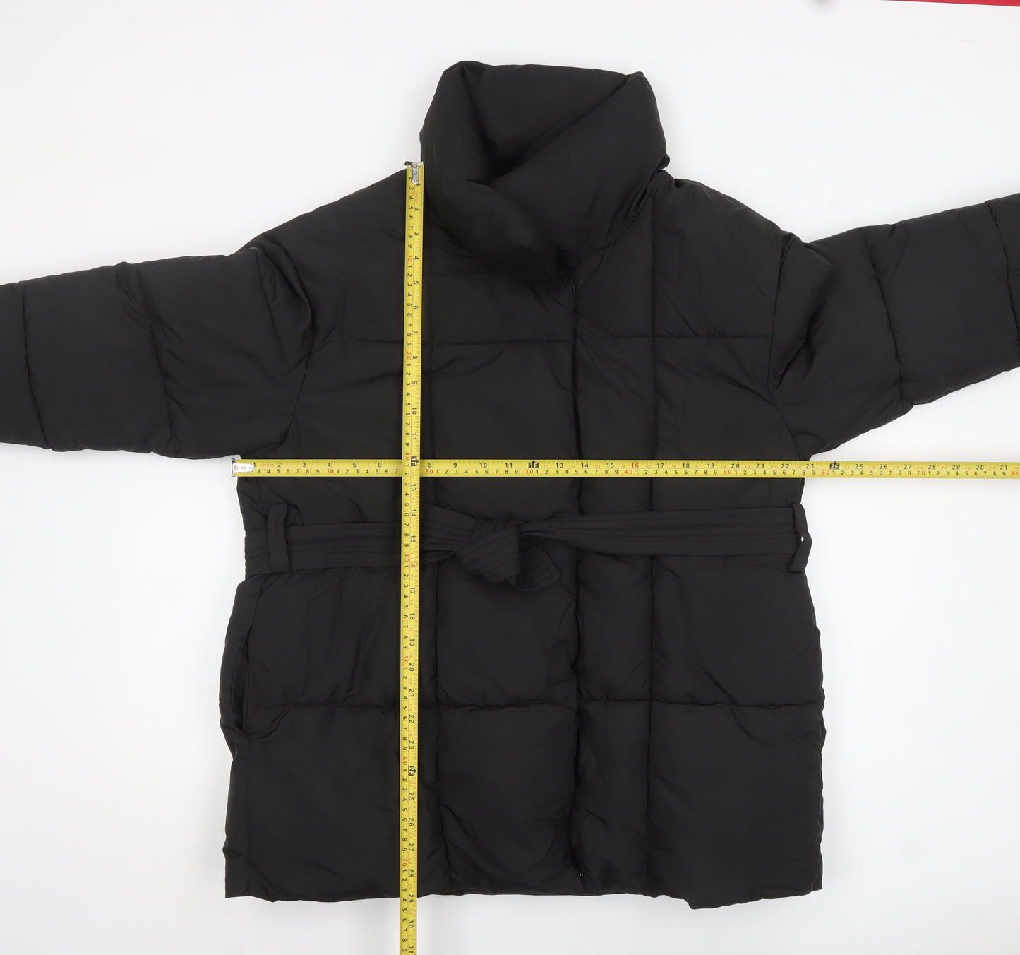 PUFFIT Women's Black Mid-Length Puffer Coat L Belted Water Resistant