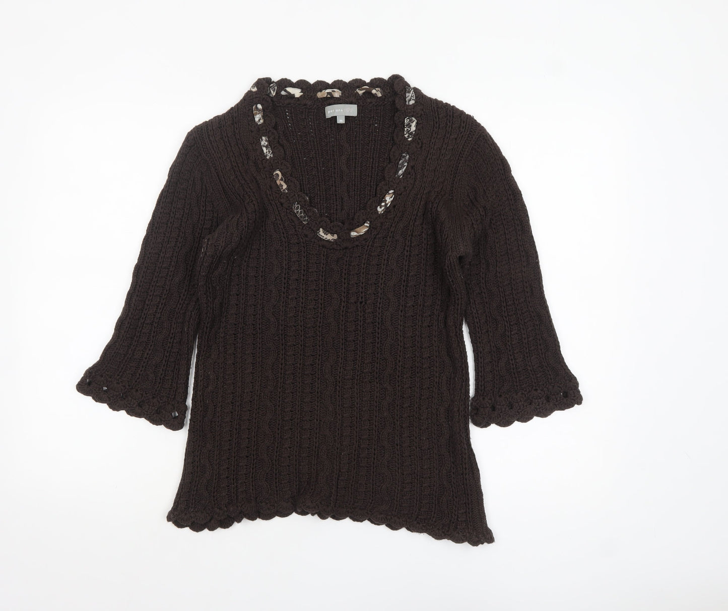 Marks and Spencer Per Una Brown Knit V-Neck 3/4 Sleeve Women's Jumper M