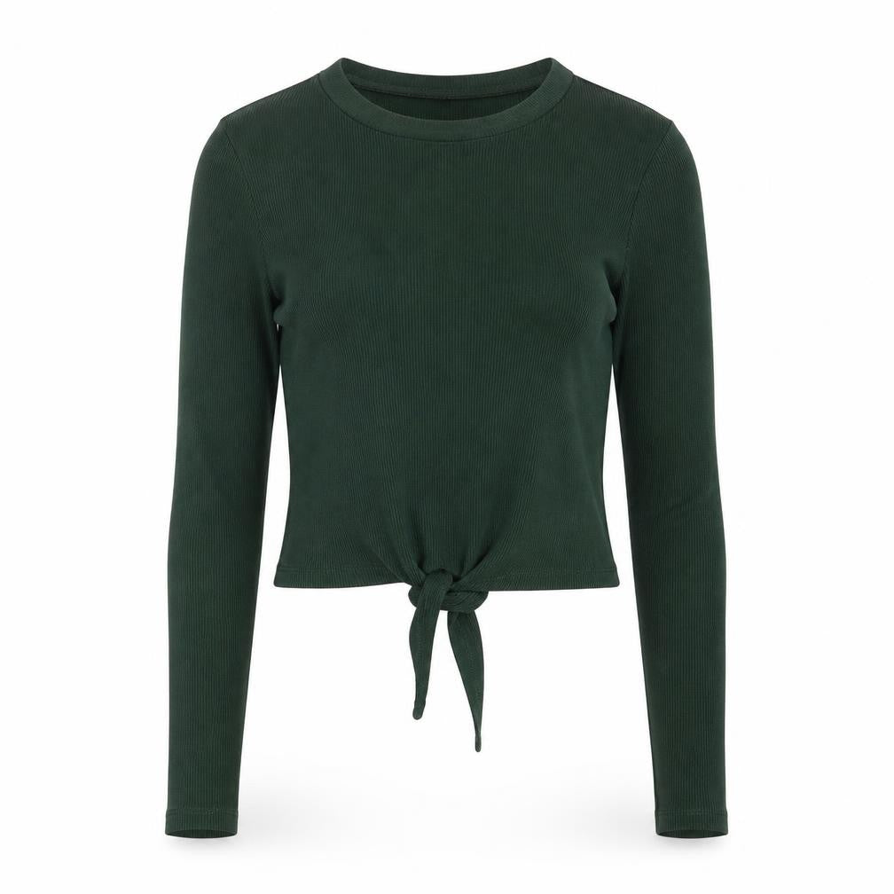 Brave Soul Women's Green XS Cropped Tie Front Long Sleeve Top