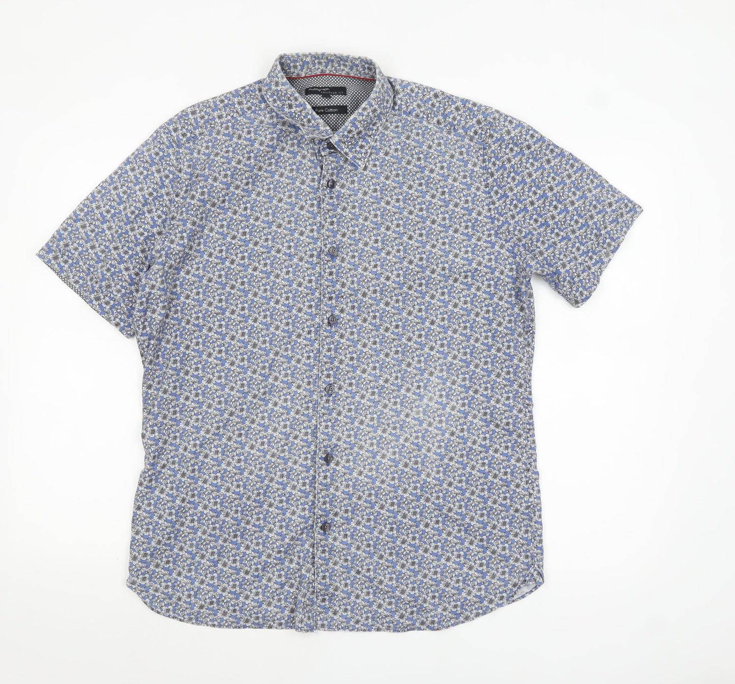 Marks and Spencer Autograph Men's Blue Floral Pure Cotton Slim Fit Short Sleeve Shirt M