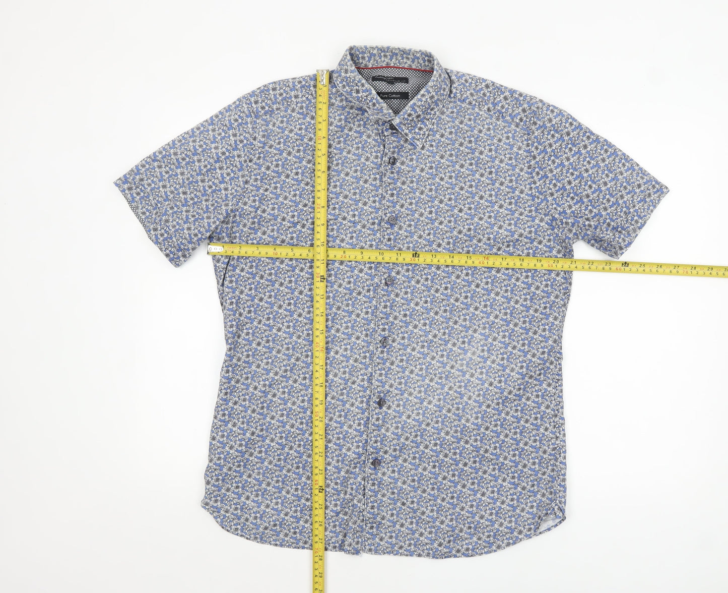 Marks and Spencer Autograph Men's Blue Floral Pure Cotton Slim Fit Short Sleeve Shirt M