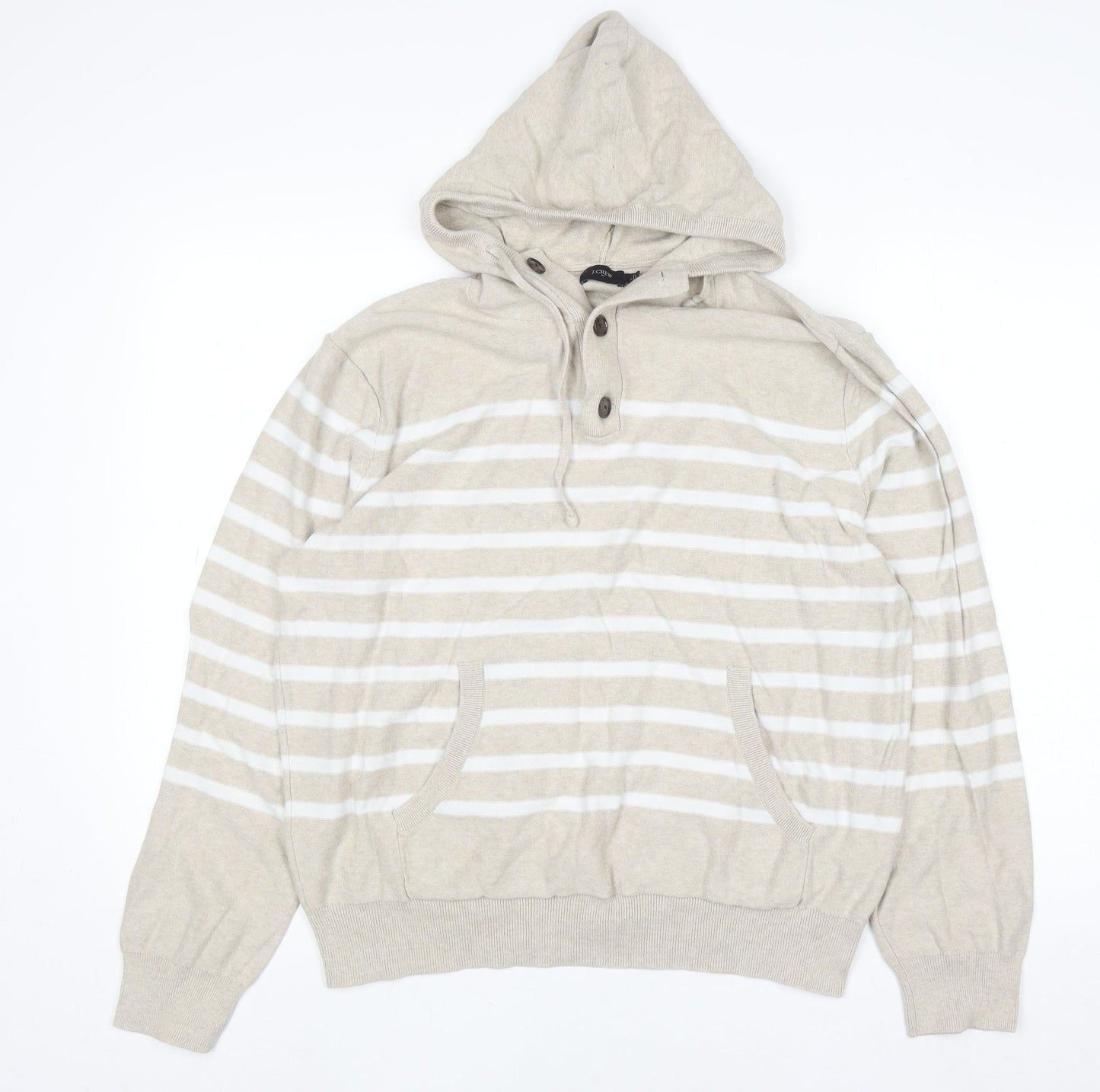 J.Crew Women Beige Striped Cotton Henley Hoodie Size L
