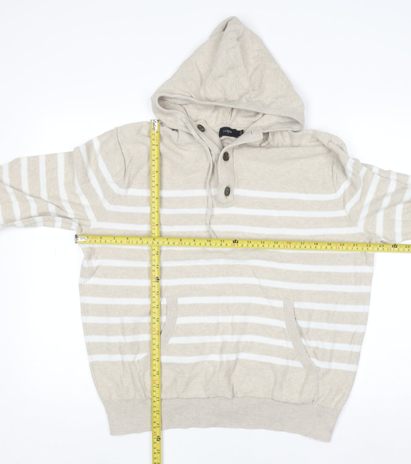 J.Crew Women Beige Striped Cotton Henley Hoodie Size L