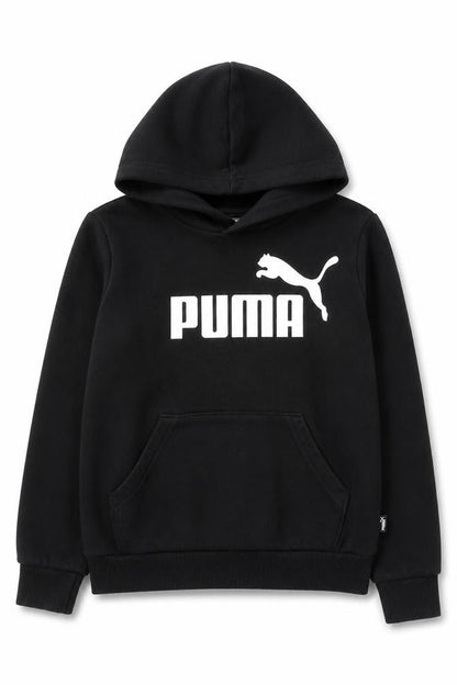 Front view of Puma boys’ black pullover hoodie 9-10 years cotton blend logo print