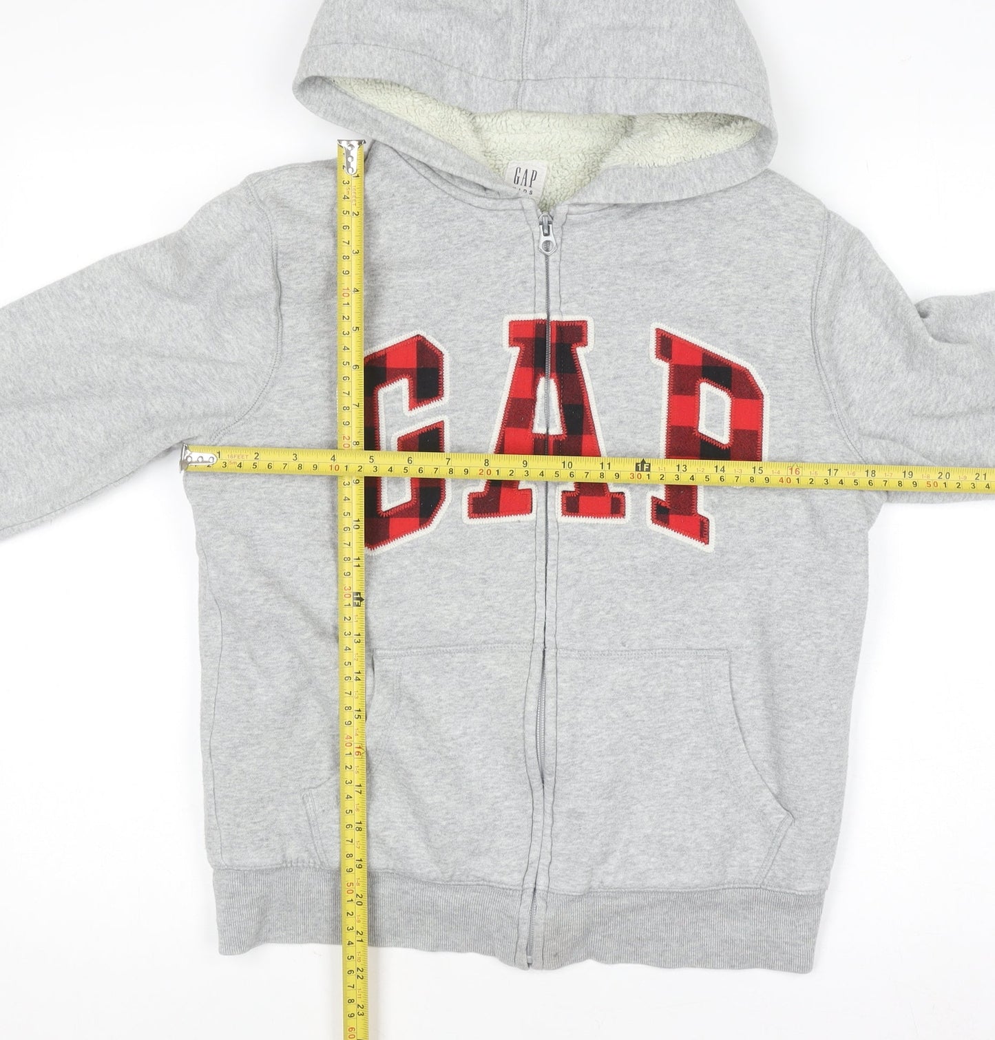 GAP Kids Boys Grey Full Zip Hoodie XL 12-13 Years Sherpa Lined Logo Sweatshirt