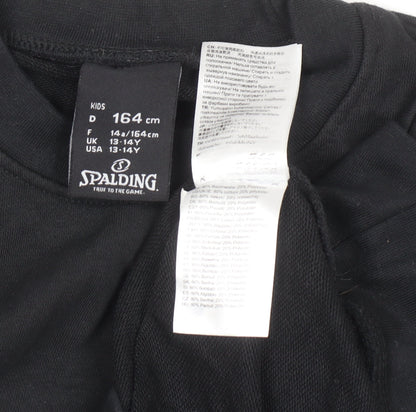 Brand and care label for Spalding boys’ black 13-14 years pullover sweatshirt crew neck long sleeve