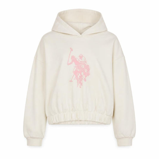 Front view of U.S. Polo Assn. girls’ ivory hoodie 7-8 years pullover cotton blend logo sweatshirt