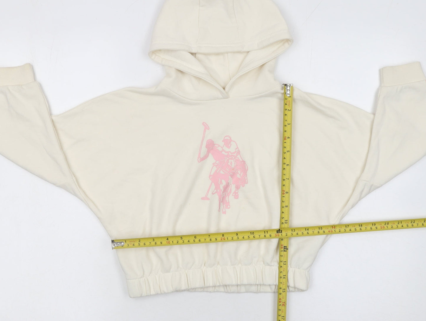 U.S. Polo Assn. Girls Ivory Hoodie 7-8 Years Pullover Cotton Blend Logo Sweatshirt