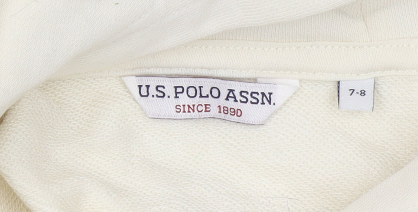 U.S. Polo Assn. Girls Ivory Hoodie 7-8 Years Pullover Cotton Blend Logo Sweatshirt
