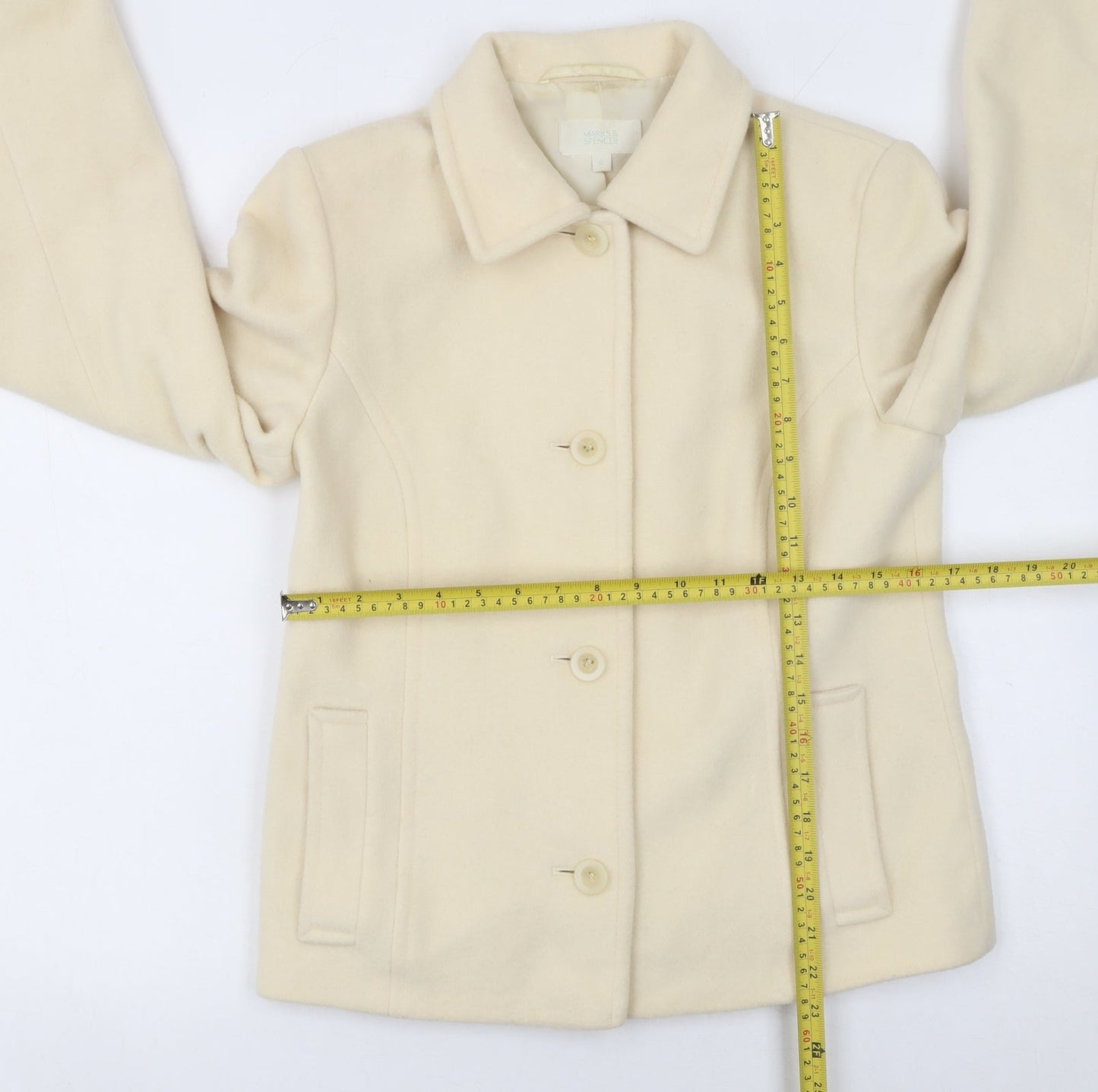 Marks and Spencer Women Ivory Wool Coat UK 12 Classic Short Overcoat