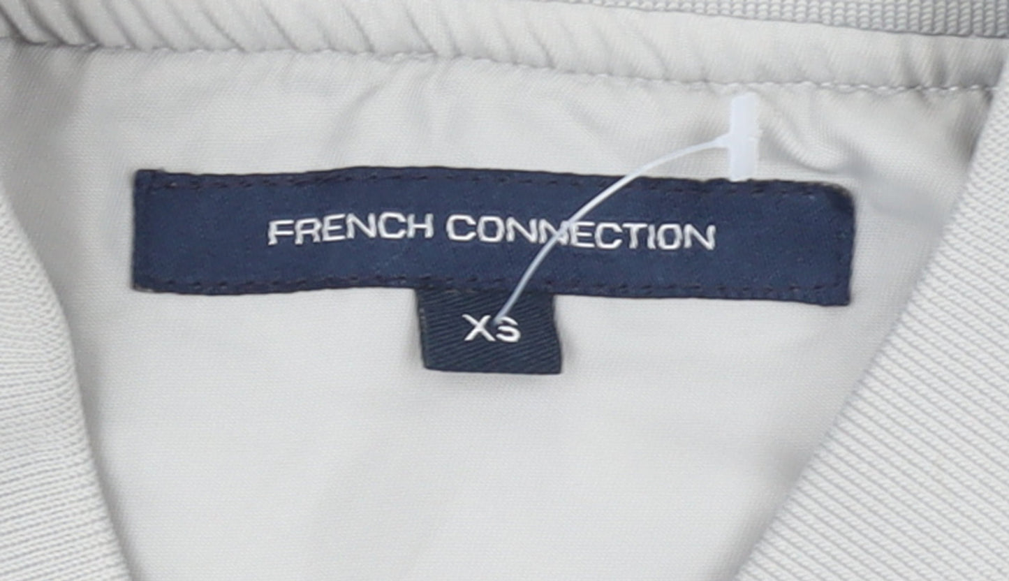 French Connection Women Grey Long Bomber Coat XS Full Zip Lined