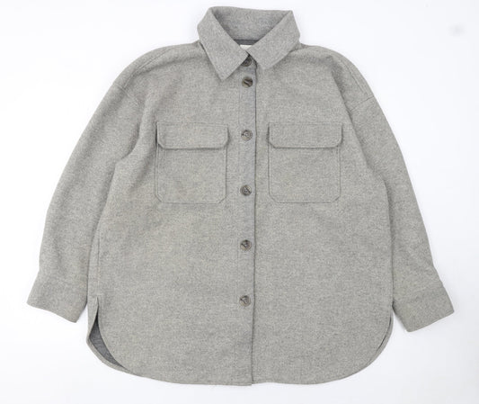 H&M Women Grey L Relaxed Shacket Jacket Button Down Fleece Mid Length