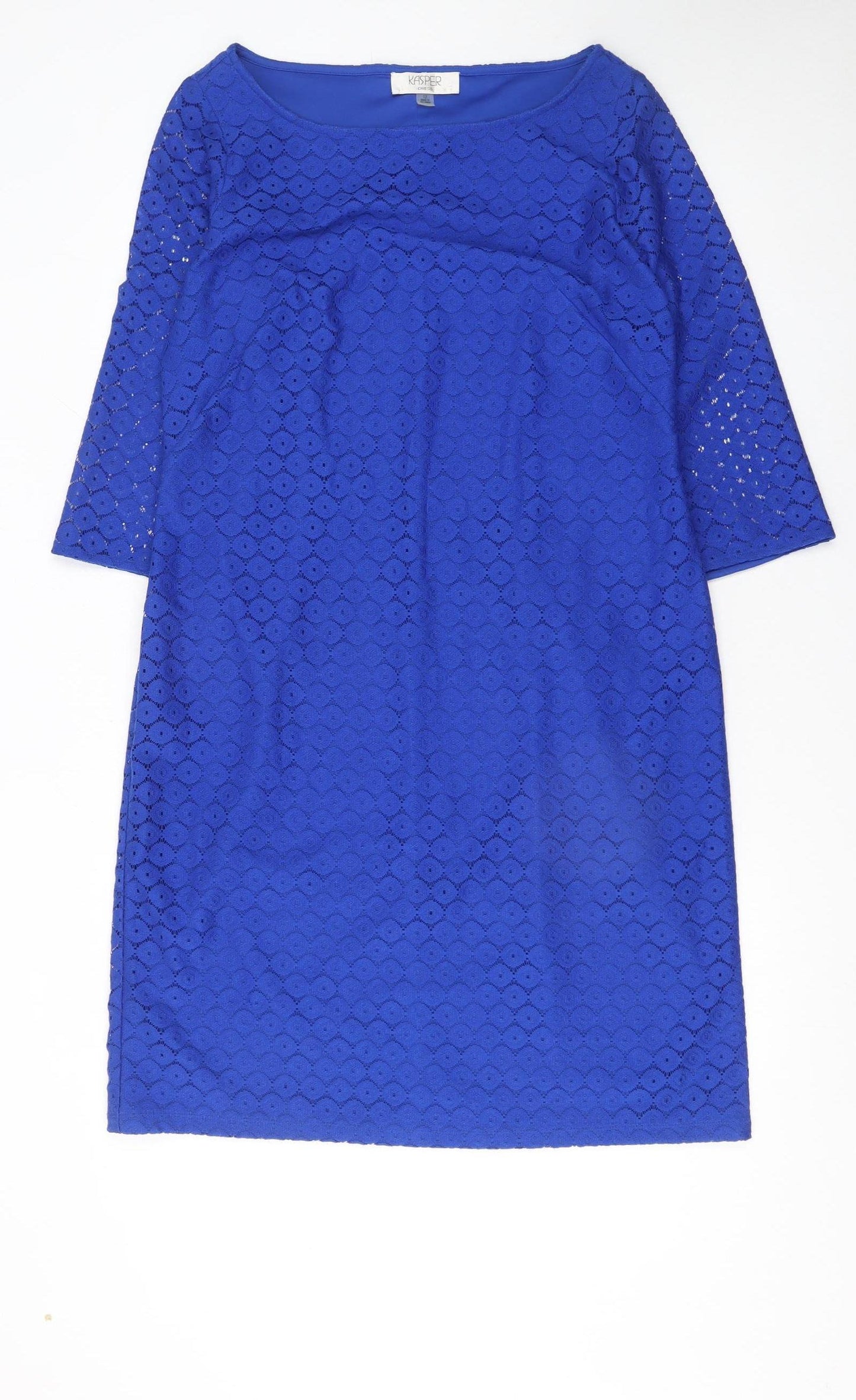 Kasper Women Blue Lace Shift Dress Size 12 Knee Length 3/4 Sleeve