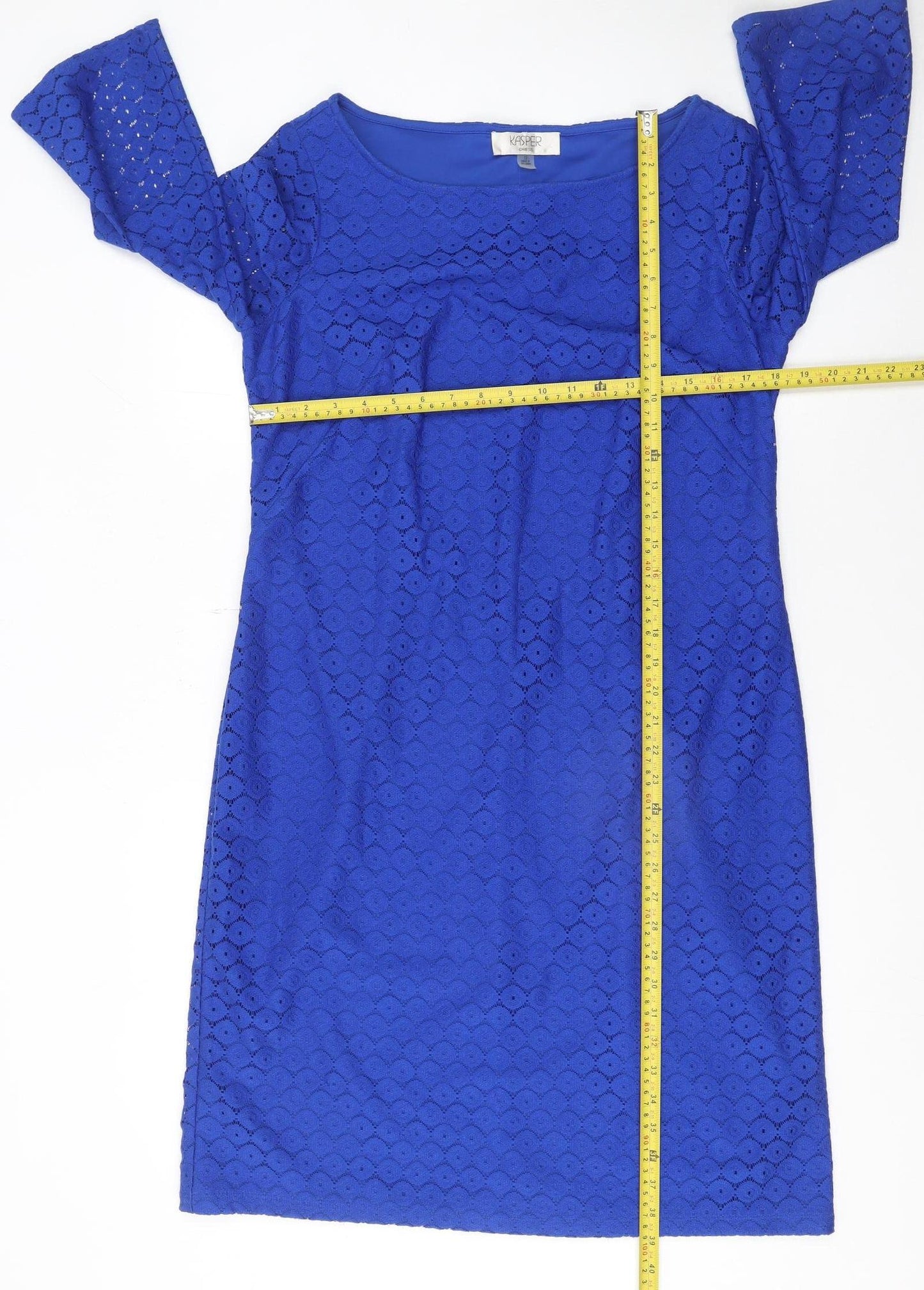 Kasper Women Blue Lace Shift Dress Size 12 Knee Length 3/4 Sleeve