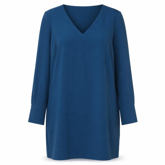 H&M Women Blue Shift Knee Length Dress Size 16 V-Neck Long Sleeve