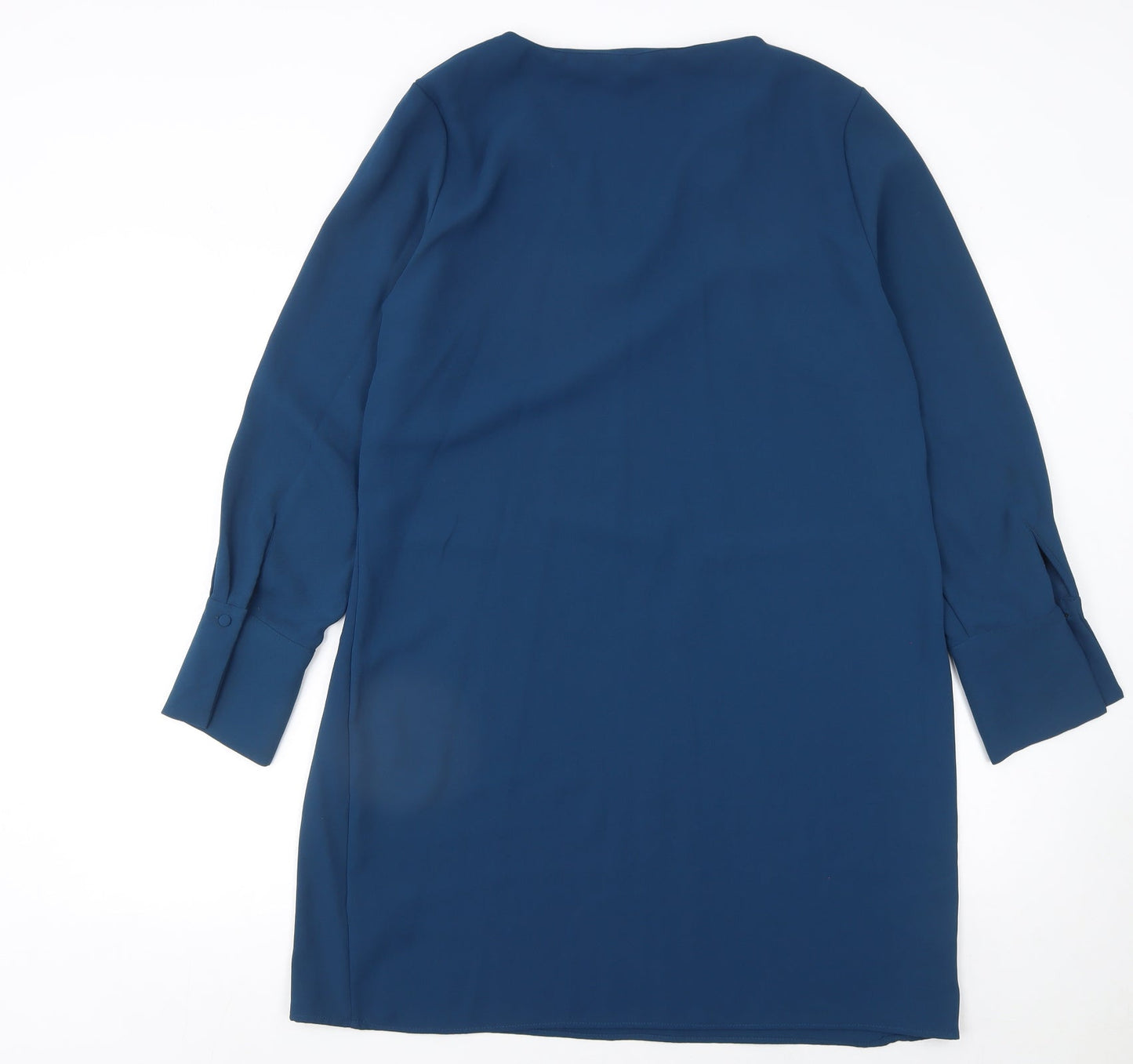 H&M Women Blue Shift Knee Length Dress Size 16 V-Neck Long Sleeve