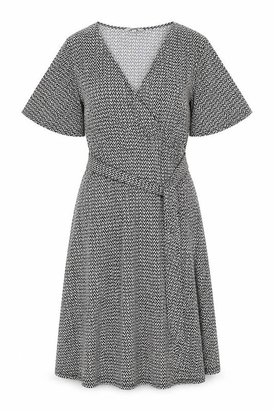 H&M Women Black Wrap Dress S Geometric Short Sleeve V-Neck Workwear