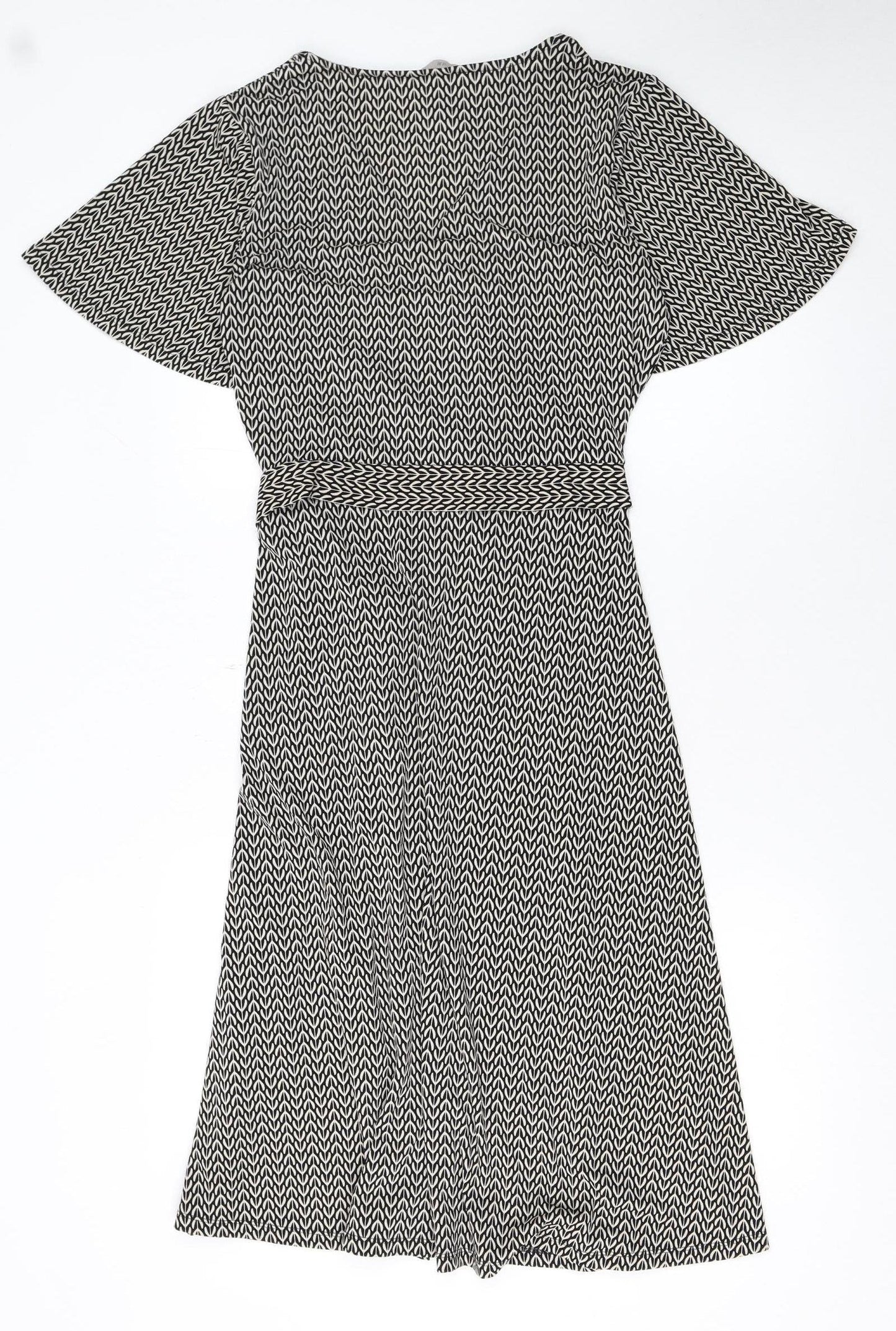 H&M Women Black Wrap Dress S Geometric Short Sleeve V-Neck Workwear