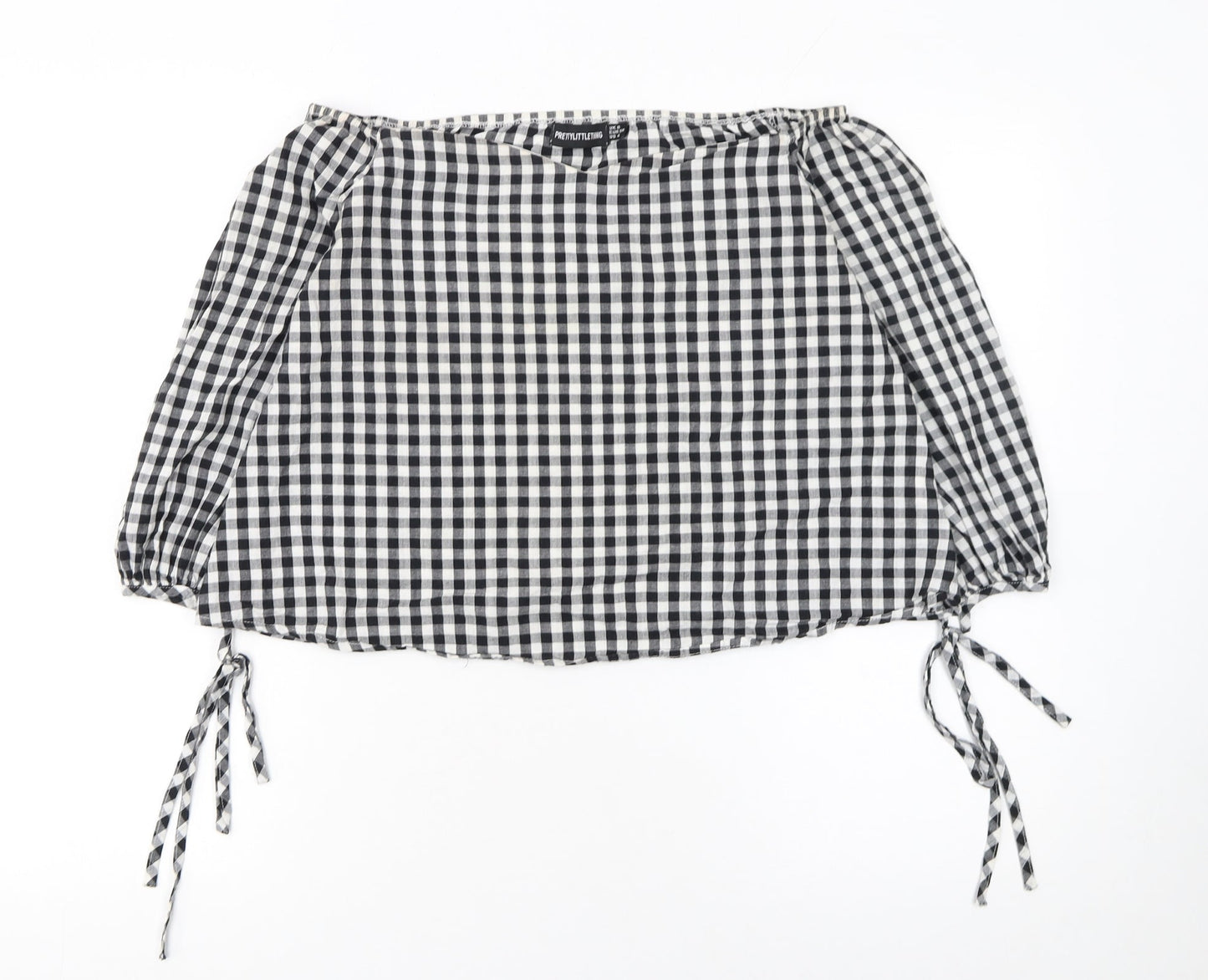 PrettyLittleThing Women's Black Check Off Shoulder Cropped Blouse Size 8