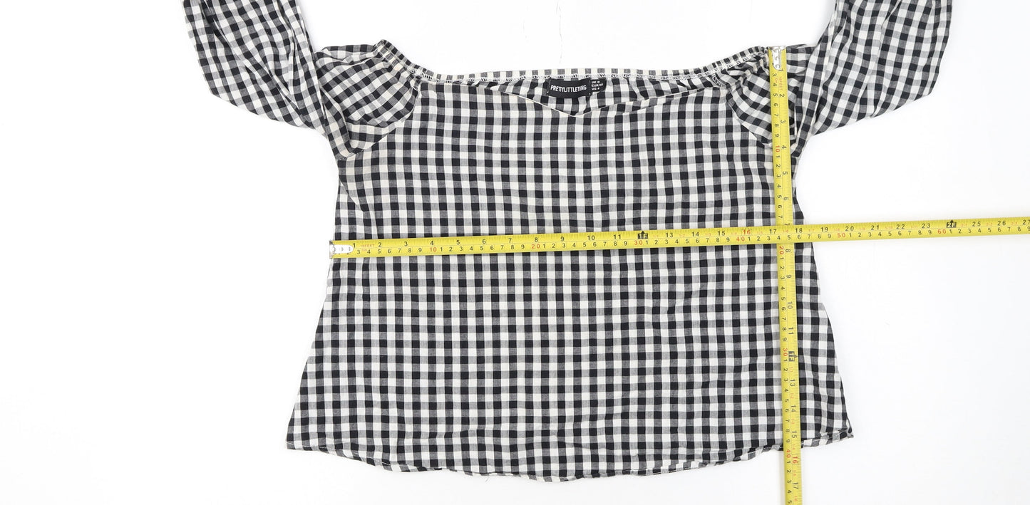 PrettyLittleThing Women's Black Check Off Shoulder Cropped Blouse Size 8