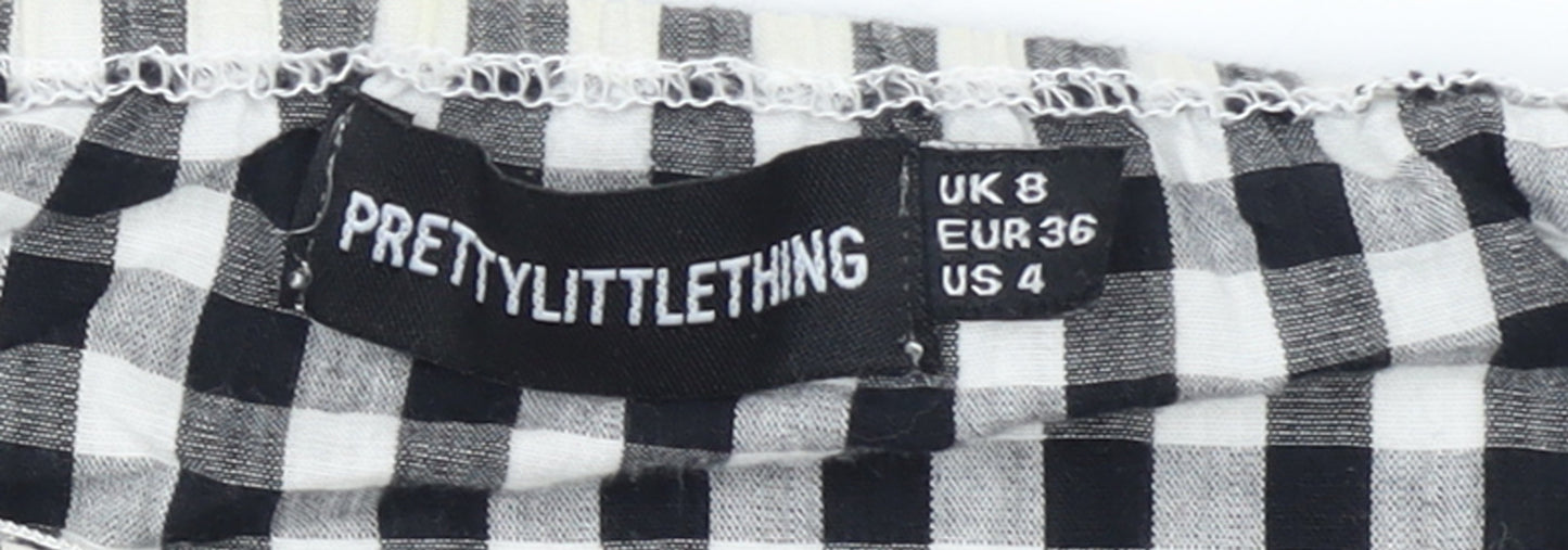 PrettyLittleThing Women's Black Check Off Shoulder Cropped Blouse Size 8