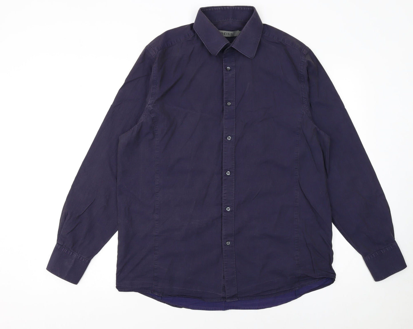 Reiss Men's Blue Cotton Long Sleeve Regular Fit Button-Up Shirt L
