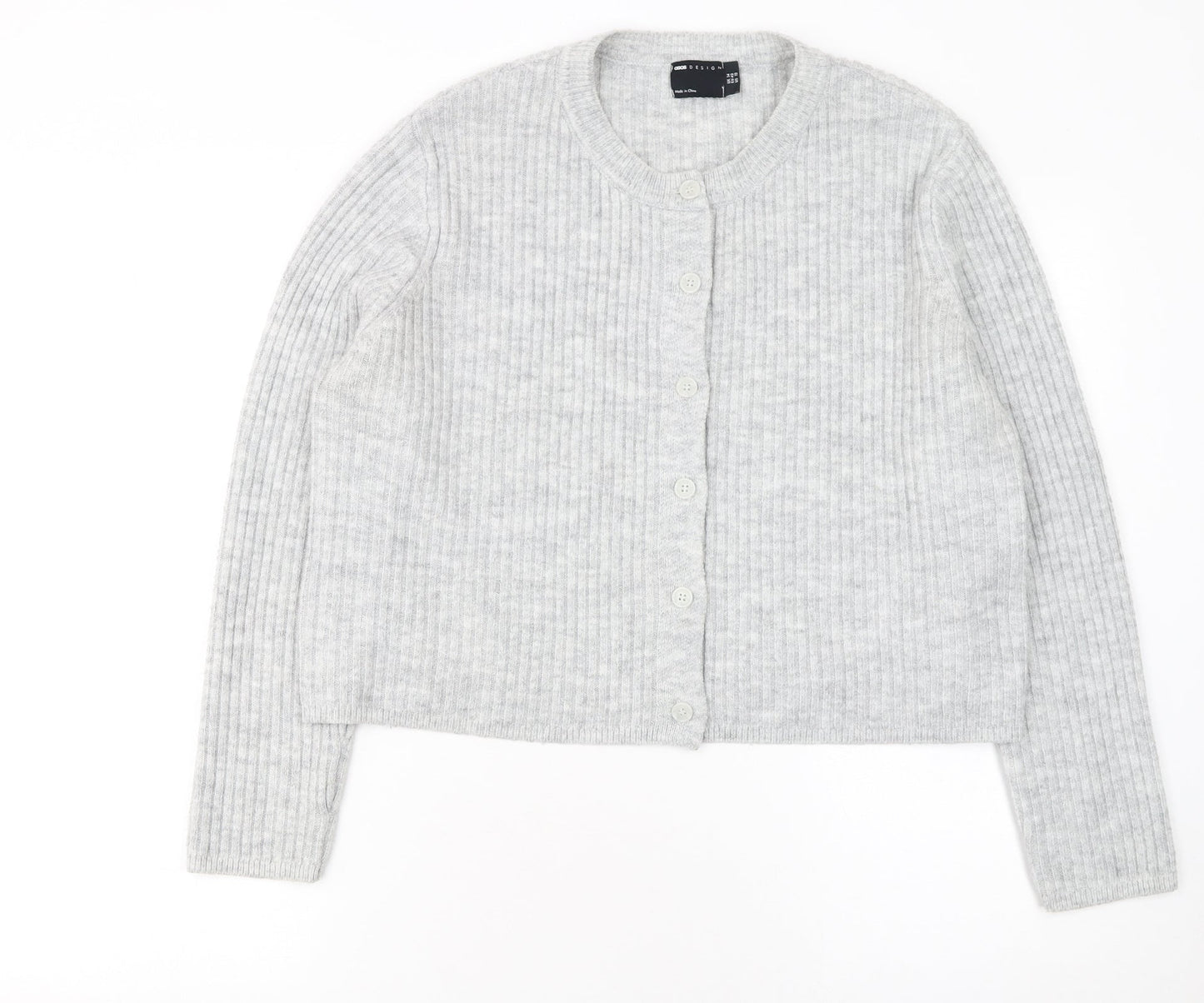 ASOS Women Grey Ribbed Crew Neck Long Sleeve Button Cardigan Size 14