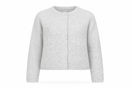 Front view of ASOS Women Grey Ribbed Crew Neck Long Sleeve Button Cardigan, size 14