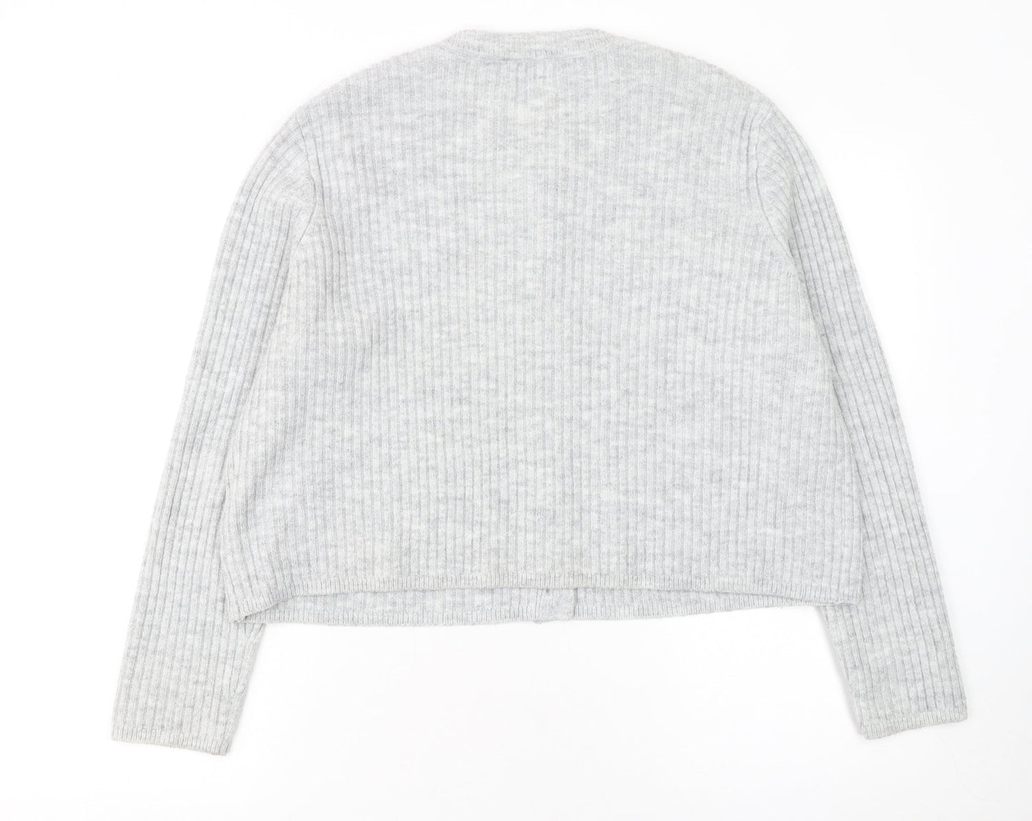 ASOS Women Grey Ribbed Crew Neck Long Sleeve Button Cardigan Size 14
