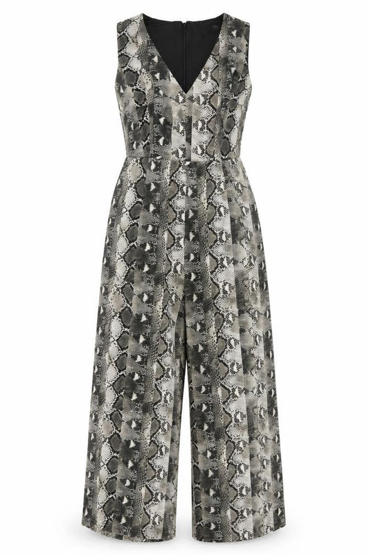 Warehouse Women’s Grey Snakeskin V-Neck Wide-Leg Sleeveless Jumpsuit Size 8