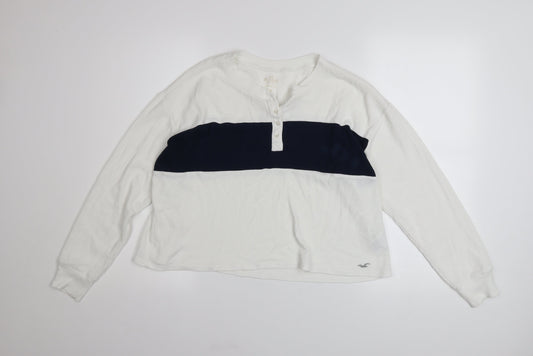 Hollister Womens White Henley Waffle-Knit Jumper Size M