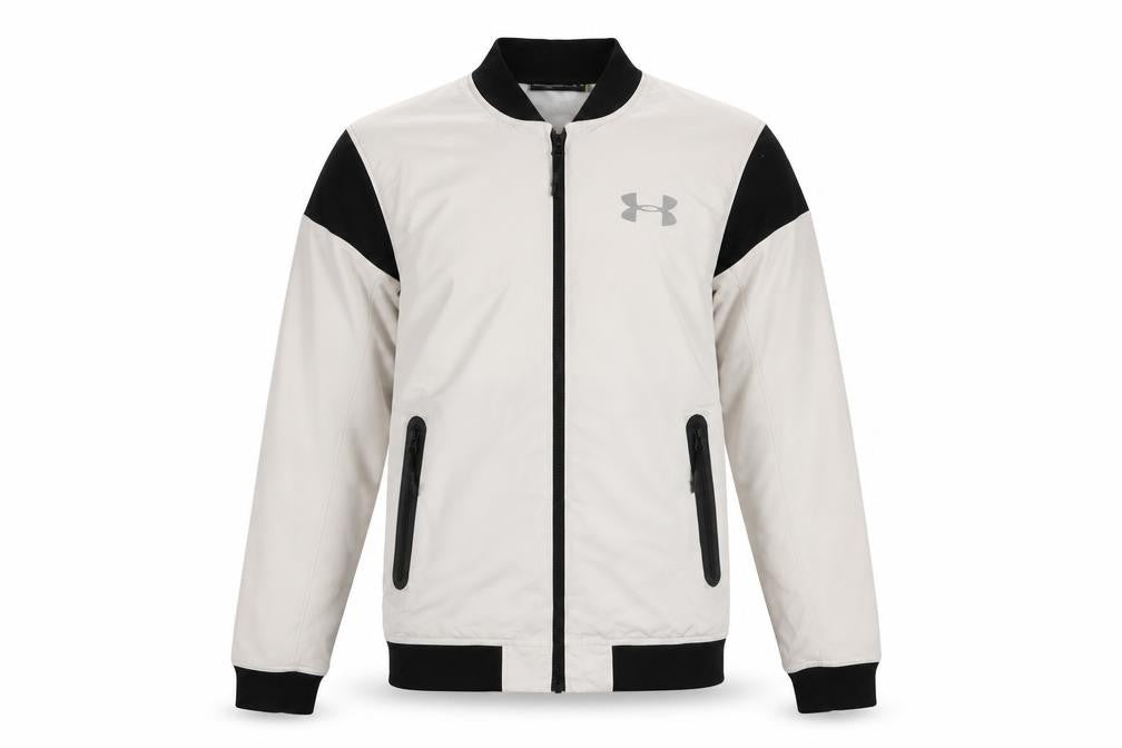 Under Armour Mens White Black Bomber Jacket Small Fitted Lightweight Zip Pockets