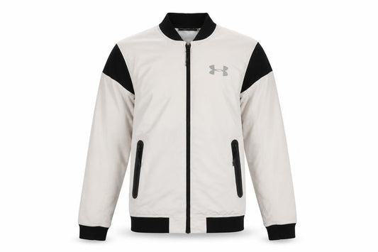 Under Armour Mens White Black Bomber Jacket Small Fitted Lightweight Zip Pockets