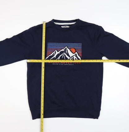 Back view of Kangaroo Poo men’s blue pullover adventure graphic sweatshirt m