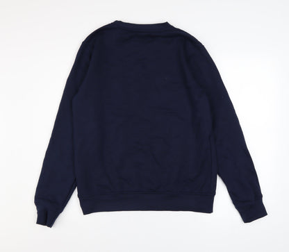 Close-up detail of Kangaroo Poo men’s blue pullover adventure graphic sweatshirt m