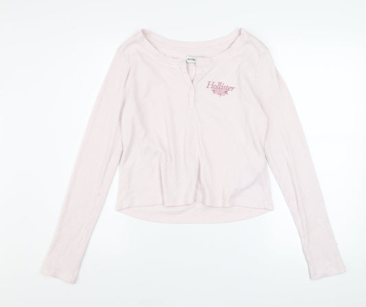 Hollister Women Pink Henley Sweatshirt Medium Long Sleeve