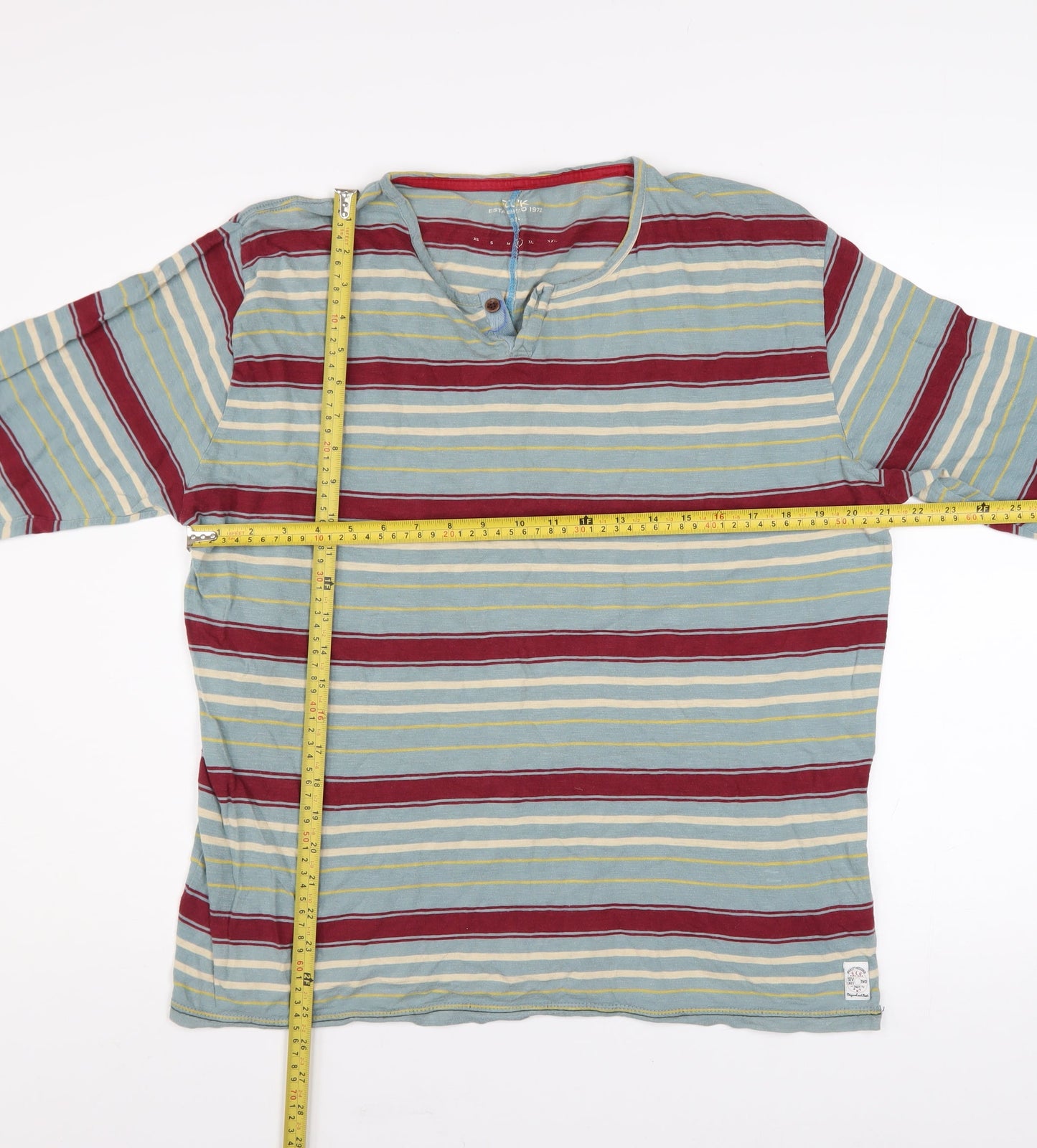 FCUK Mens Multicoloured Striped Long Sleeve Henley Cotton Top Size L